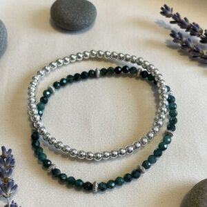 Sparkling Emerald Green & Silver Beaded Bracelet Set - Stackable Jewelry
